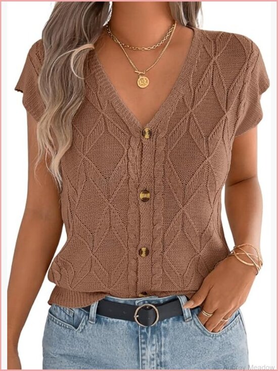 Sweaters - Cap Sleeve V Neck Sweater Vest, Cable Knit Button Down Cardigan, Lightweight